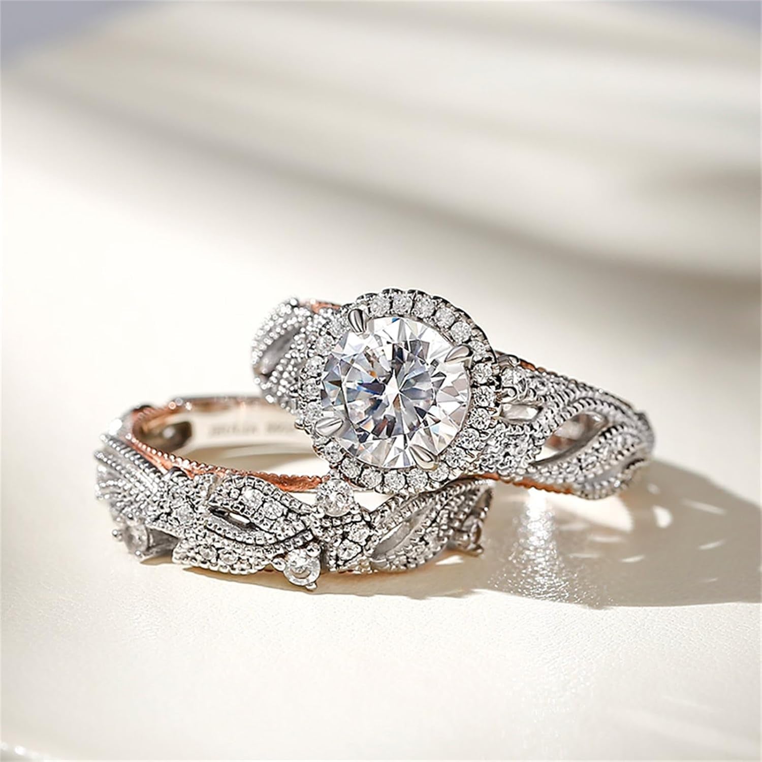 4 Carat Openwork Ring Sets for Women 925 Sterling Silver Wedding Sets Rose Gold round Cut Halo Engagement Ring White Diamond Band CZ Solitaire Anniversary Promise Rings - WORLD TIME VISITS
