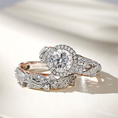 4 Carat Openwork Ring Sets for Women 925 Sterling Silver Wedding Sets Rose Gold round Cut Halo Engagement Ring White Diamond Band CZ Solitaire Anniversary Promise Rings - WORLD TIME VISITS