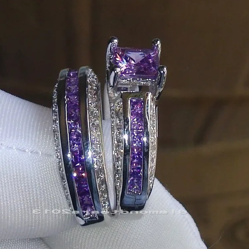 2Pcs/Set Princess Luxury 925 Silver Plated Amethyst CZ Gemstones Wedding Set Rings Size 6-11  (Choice Color and Size )