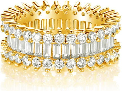 Eternity Rings 18K White Gold Plated Emerald Cut Cubic Zirconia Ring Halo Wedding Band for Women Men