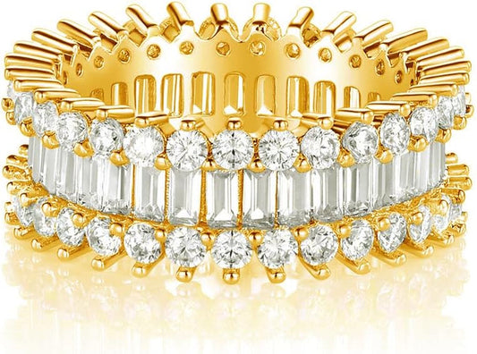 Eternity Rings 18K White Gold Plated Emerald Cut Cubic Zirconia Ring Halo Wedding Band for Women Men