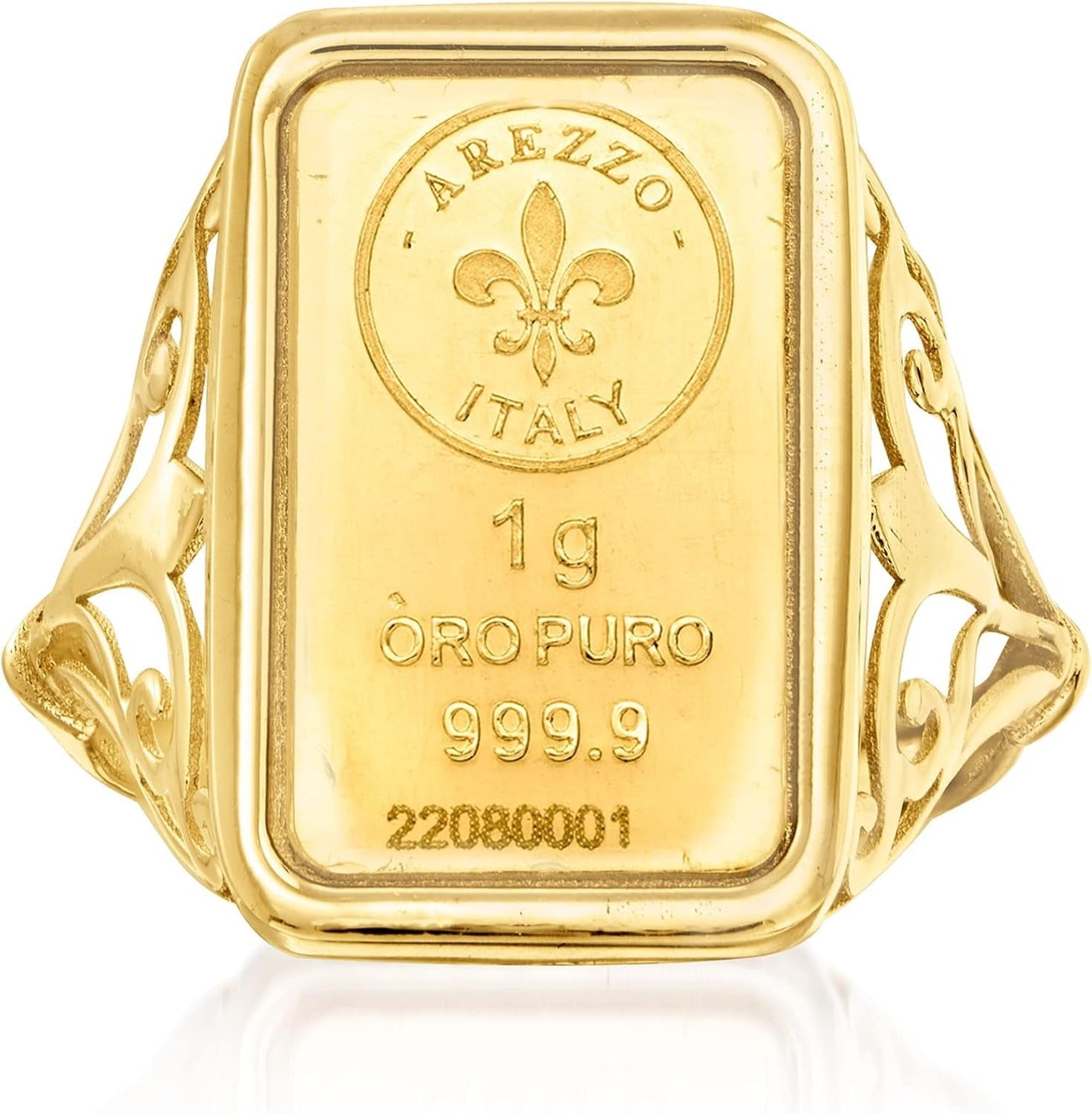 Italian 24Kt Yellow Gold Fleur-De-Lis 1-Gram Ingot Ring with 14Kt Yellow Gold Band. Size 5 - WORLD TIME VISITS