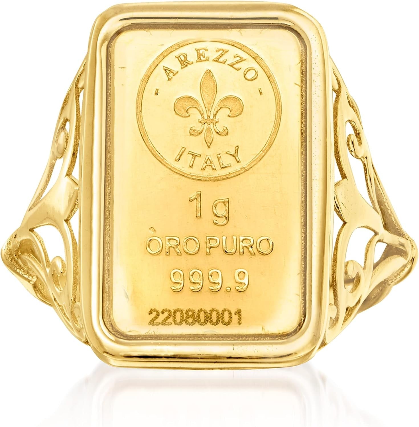 Italian 24Kt Yellow Gold Fleur-De-Lis 1-Gram Ingot Ring with 14Kt Yellow Gold Band. Size 5 - WORLD TIME VISITS