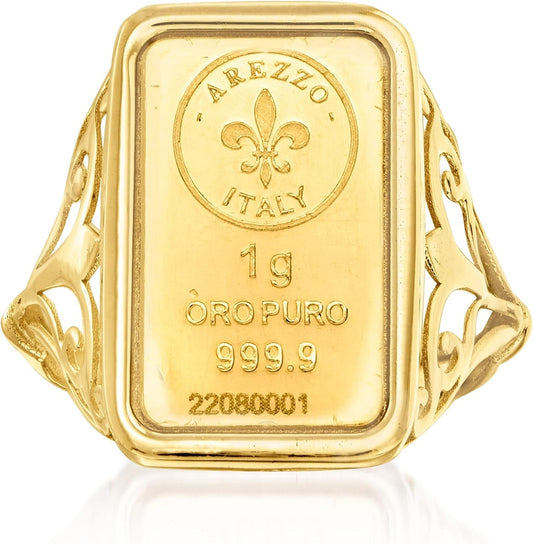 Italian 24Kt Yellow Gold Fleur-De-Lis 1-Gram Ingot Ring with 14Kt Yellow Gold Band. Size 5 - WORLD TIME VISITS
