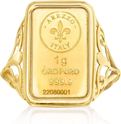 Italian 24Kt Yellow Gold Fleur-De-Lis 1-Gram Ingot Ring with 14Kt Yellow Gold Band