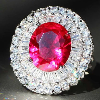 Luxurious Silver Natural Gemstones Ruby and White Sapphire Wedding Birthstone Bride Engagement Multilevel Square Ring Jewelry Size 6 7 8 9 10