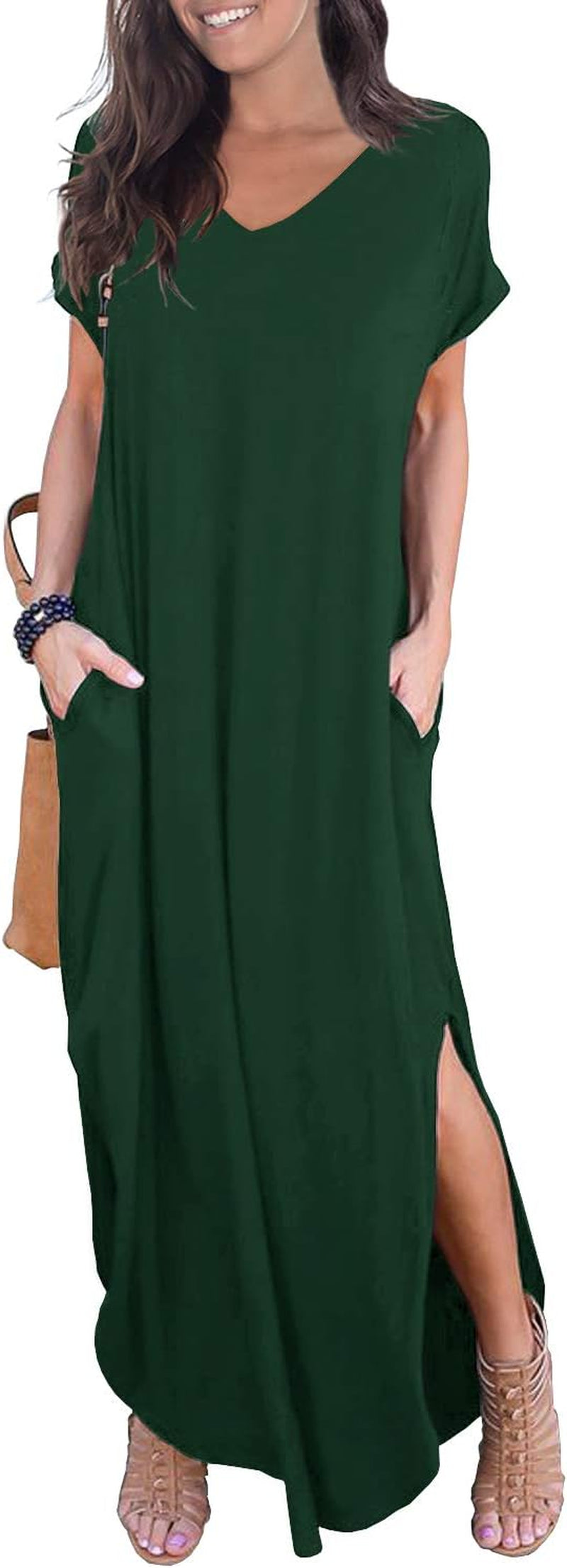 Women'S Casual Loose Pocket Long Dress Short Sleeve Split Maxi Dresses