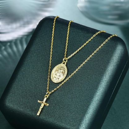 Gold Cross Necklaces for Women, Crucifix Necklaces, Dainty Virgin Mary Necklace, Virgen De Guadalupe, Layered Pendants Chain Non Tarnish