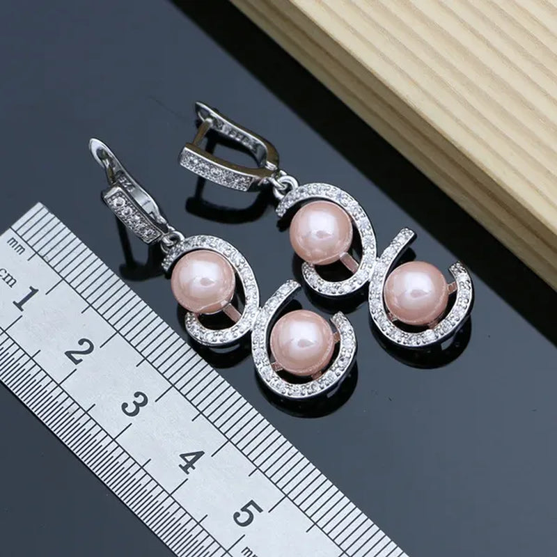 Luxury Silver 925 Jewelry Sets for Women Shiny Pink Pearl Bracelet Topaz Earrings Ring Necklace Sets Gift for Her Dropshipping - WORLD TIME VISITS