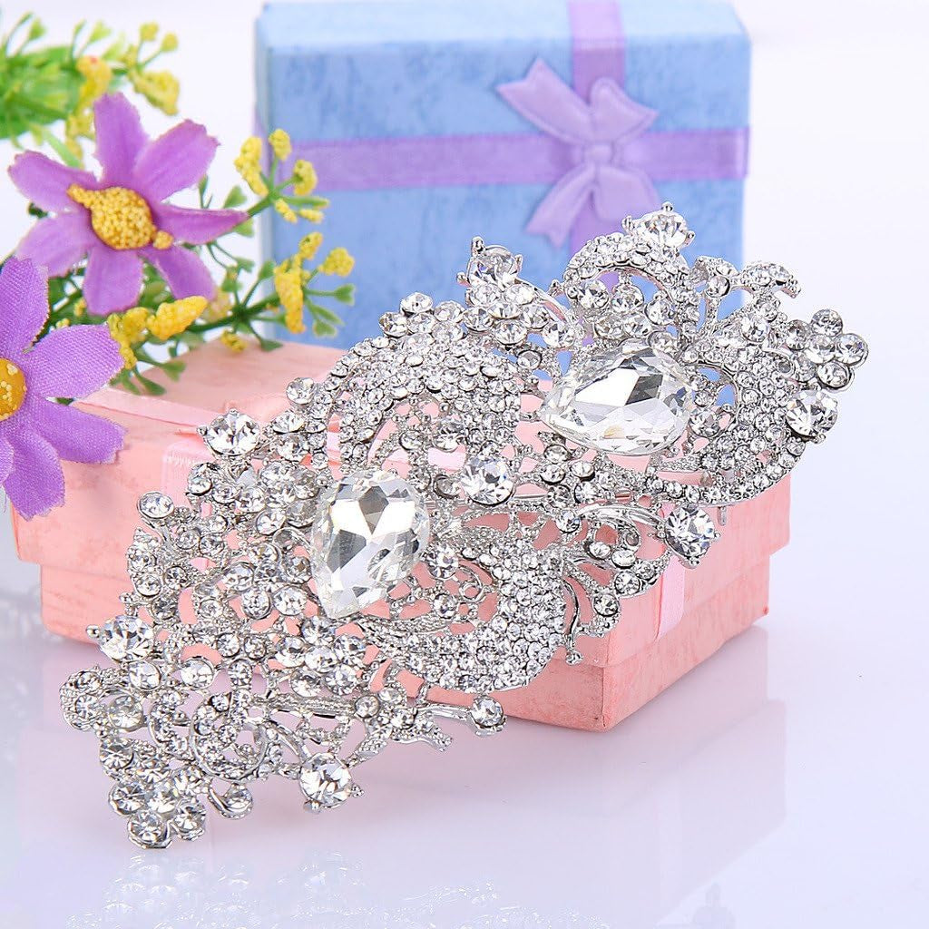Austrian Crystal 4.1 Inch Royal Flower Pattern Wedding Brooch Clear