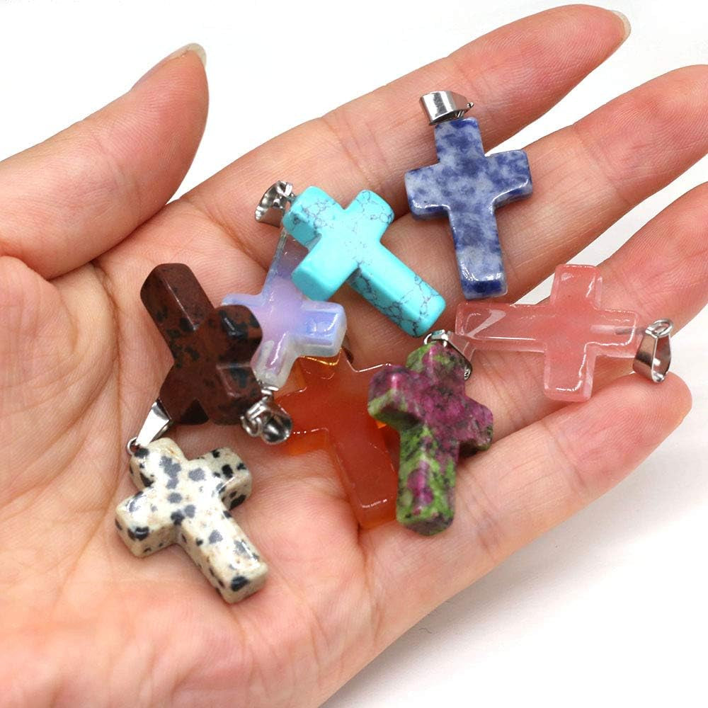 20 Pcs Natural Stone Pendants Cross Gemstone Agate Crystal Healing Charms for Jewelry Making DIY Necklace