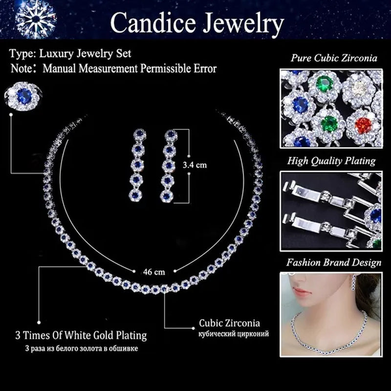 CANDICE Classic Round Cut Blue Choker Necklace Earrings Top Grade AAA+ CZ Stone Women Evening Jewelry Sets For Party