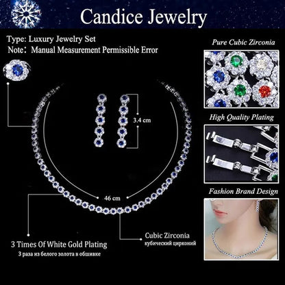 CANDICE Classic Round Cut Blue Choker Necklace Earrings Top Grade AAA+ CZ Stone Women Evening Jewelry Sets For Party