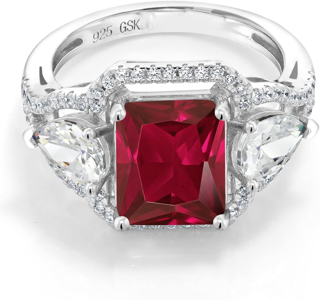 925 Sterling Silver Red Created Ruby Ring for Women (4.59 Cttw, Emerald Cut 10X8MM, Gemstone July Birthstone, Available in Size 5, 6, 7, 8, 9)
