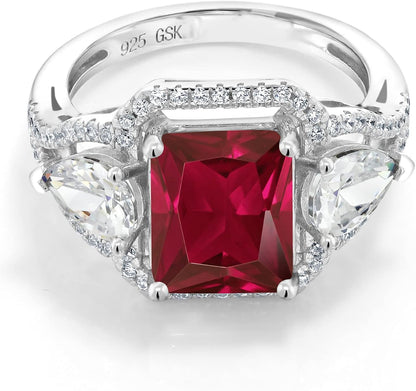 925 Sterling Silver Red Created Ruby Ring for Women (4.59 Cttw, Emerald Cut 10X8MM, Gemstone July Birthstone, Available in Size 5, 6, 7, 8, 9)