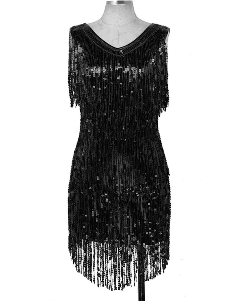 Women'S Gowns V Neck Sparkling Sequin Tassels Rhythm Ballroom Salsa Samba Rumba Tango Latin Dance Dress - WORLD TIME VISITS