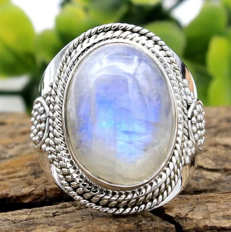 Natural Moonstone Ring Lady 925 Silver Jewelry Antique Party Ring Large Ellipse Gem Gift Wholesale