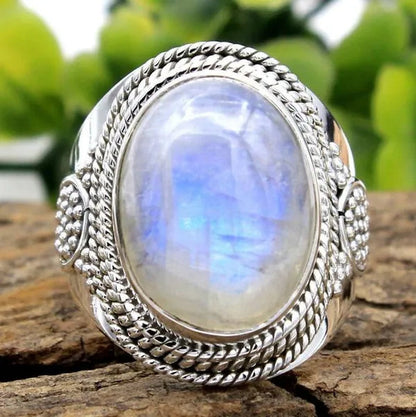 Natural Moonstone Ring Lady 925 Silver Jewelry Antique Party Ring Large Ellipse Gem Gift Wholesale