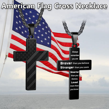 American Flag Cross Necklace for Men Stainless Steel Box Chain 22+2 Inch Inspirational Bible Verse Cross Pendant Patriotic Jewelry Personalized Christian Gift for Men