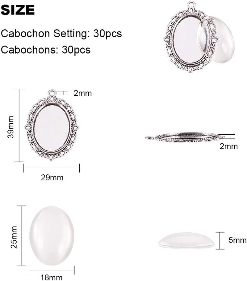 60Pcs Bezel Pendant Blanks Settings - 30Pcs Oval Pendant Trays Photo Charms with 30Pcs Glass Cabochons for Mom Bouquet Bridal Wedding Brides Graduation Charm Jewelry Making, 25X18Mm