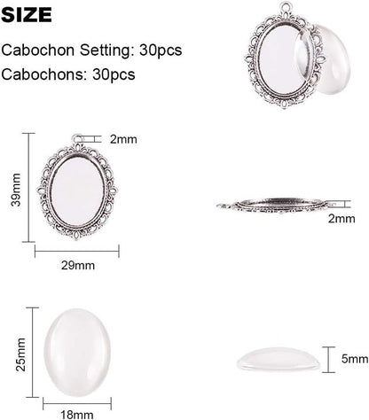 60Pcs Bezel Pendant Blanks Settings - 30Pcs Oval Pendant Trays Photo Charms with 30Pcs Glass Cabochons for Mom Bouquet Bridal Wedding Brides Graduation Charm Jewelry Making, 25X18Mm