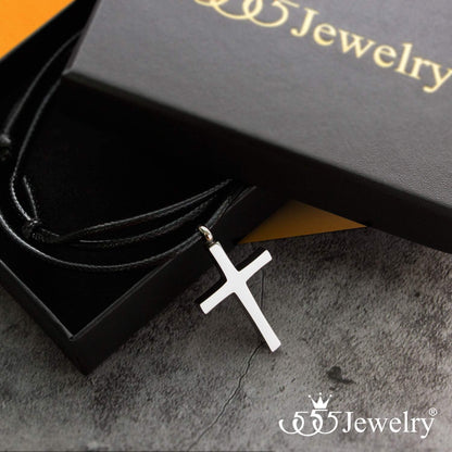 Stainless Steel Cross Necklace for Men - Cross Pendant with 18 Inch Adjustable Black Rope Cord - Mens Cross Necklaces