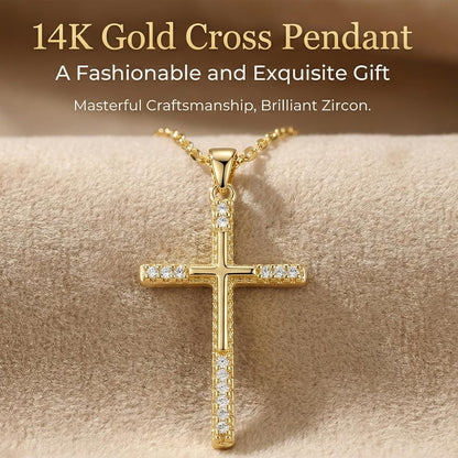 14K Gold Cross Necklace for Women, Dainty Delicate Small Cross Pendant Elegant Gold Trendy Jewelry Luxury Gift for Her, Mom, Wife, Girlfriend Valentines Day Gifts - WORLD TIME VISITS