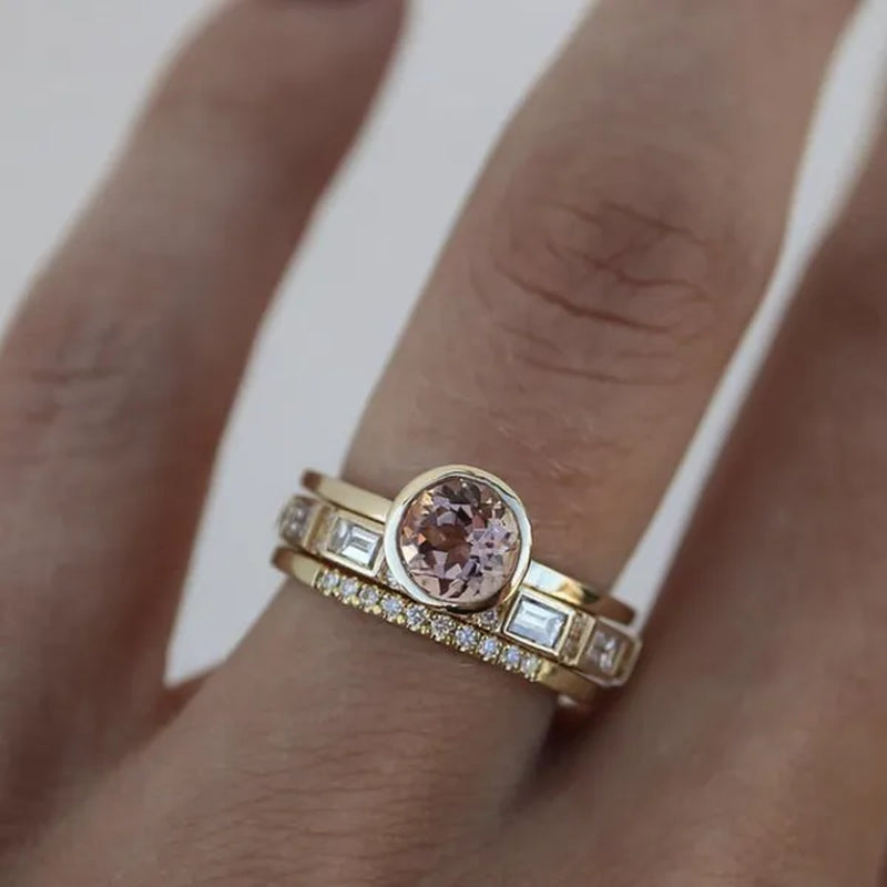 3PCS/Set Exquisite Champagne Zircon Engagement Rings Beautiful Women Fashion Luxury Accessories Anniversary Gift Birthday Party Bridal Wedding High Jewelry Set Size US4-11