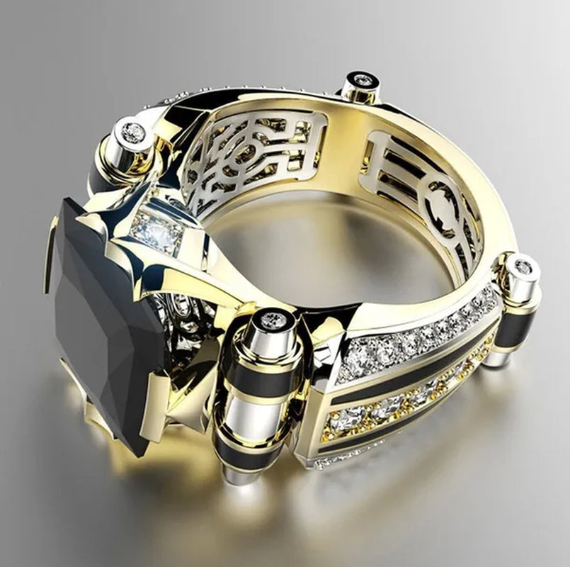 Fashion Classic Gold Plated Men Multi-Element Classic Black Cubic Zirconia Party Men'S Ring