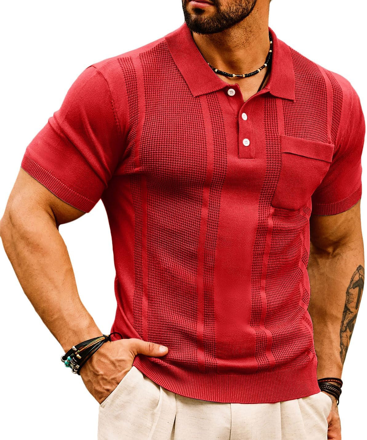 Men'S Knit Polo Shirts Short Sleeve Texture Lightweight Golf Shirts Sweater - WORLD TIME VISITS