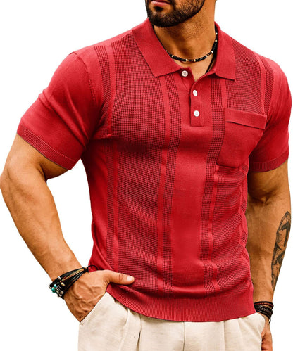 Men'S Knit Polo Shirts Short Sleeve Texture Lightweight Golf Shirts Sweater - WORLD TIME VISITS