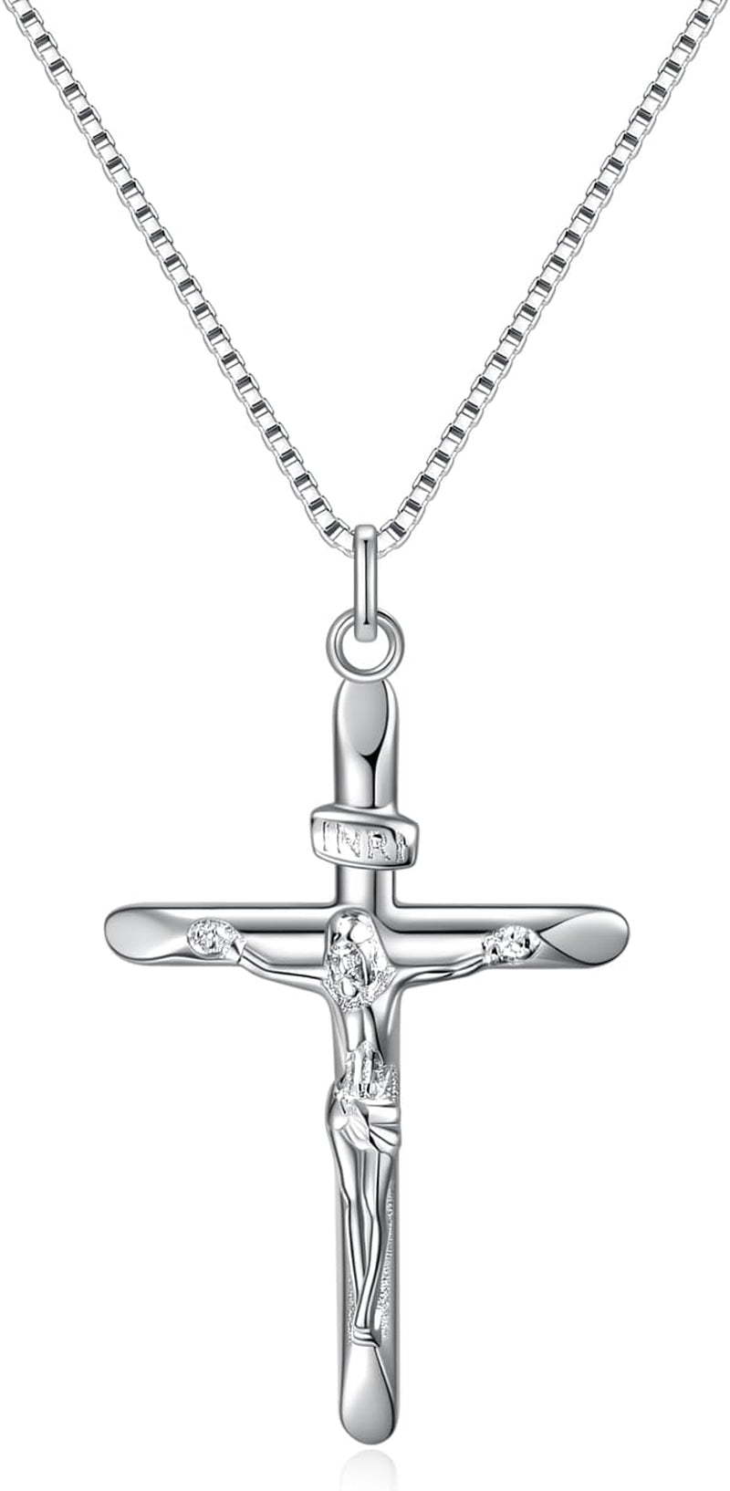 925 Sterling Silver Crucifix Pendant Necklace for Women, Jesus Christ on INRI Cross Necklace - WORLD TIME VISITS