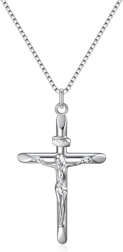 925 Sterling Silver Crucifix Pendant Necklace for Women, Jesus Christ on INRI Cross Necklace - WORLD TIME VISITS