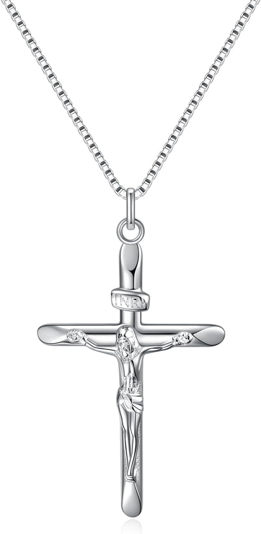 925 Sterling Silver Crucifix Pendant Necklace for Women, Jesus Christ on INRI Cross Necklace - WORLD TIME VISITS