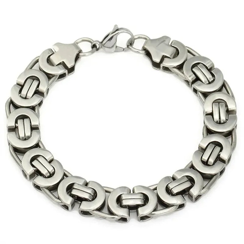 11mm Mens Chain Flat Byzantine Stainless Steel Bracelet 7-11 inch Silver Tone