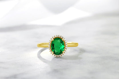 10K Yellow Gold 8X6MM Oval Gemstone Birthstone and White Diamond Halo Engagement Ring | Wedding Anniversary Promise Gold Ring for Women | Available in Size 5-10