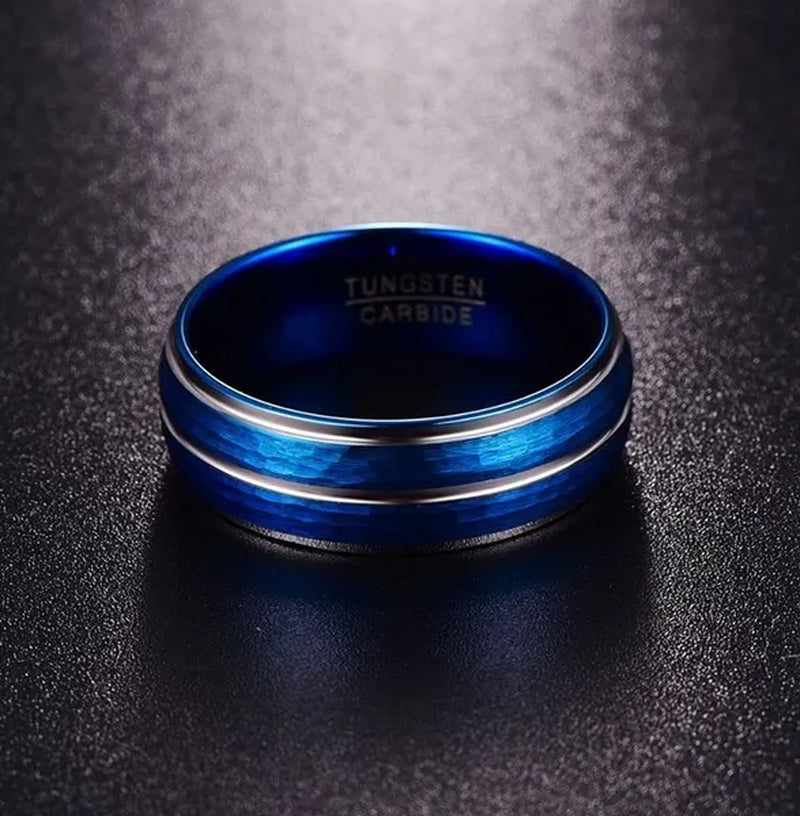 NEW 8Mm Polished Grooved Tungsten Steel Rings Blue Brushed Hammered Step Edge Jewelry for Men Wedding Band