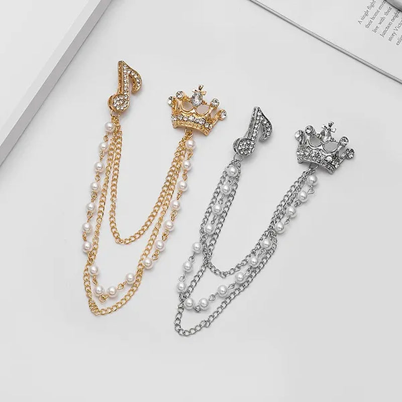 High-End Diamond-Encrusted Crown Note Pearl Tassel Brooch British Suit Pin Collar Badge