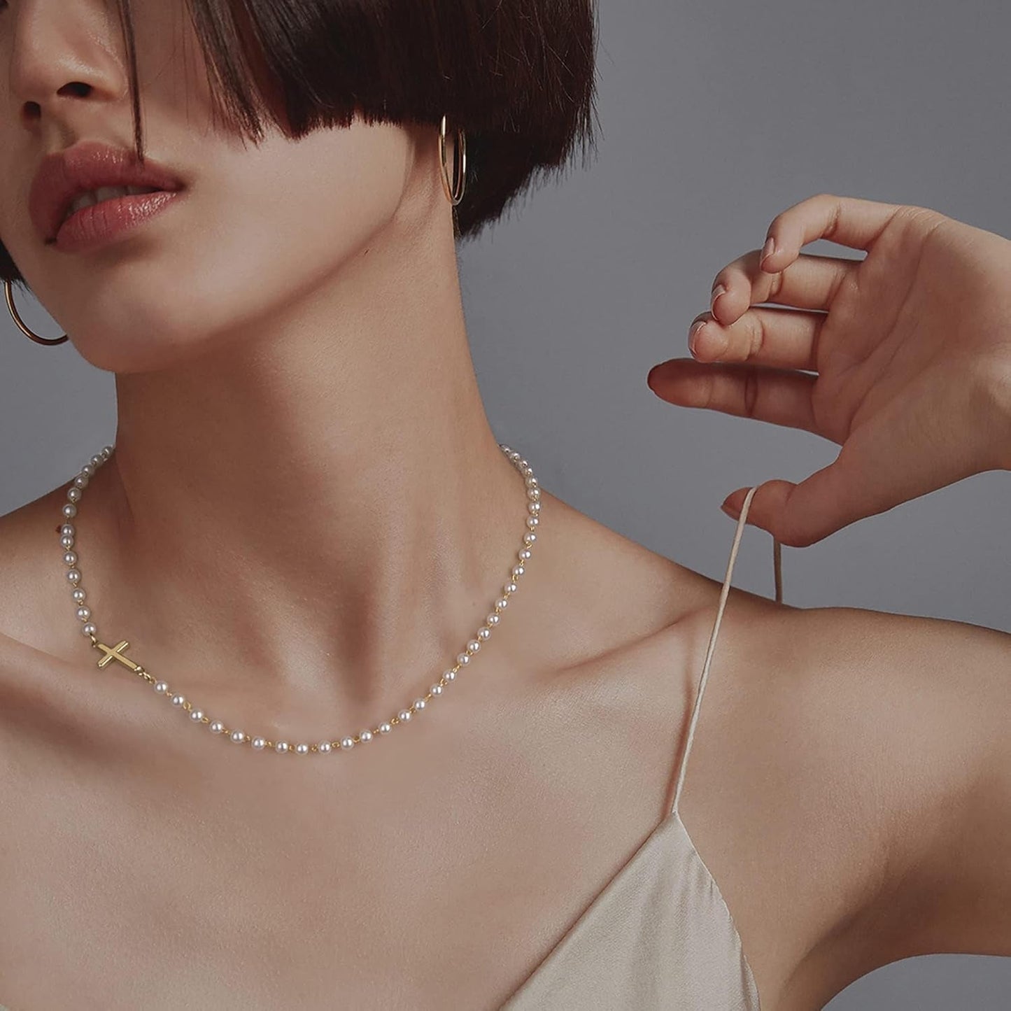 14K Gold Plated Cross Necklace for Women, Gold Pearl Necklace with Cross Pendant Dainty Cross Choker Necklace Trendy Faith Jewelry Religious Gifts - WORLD TIME VISITS