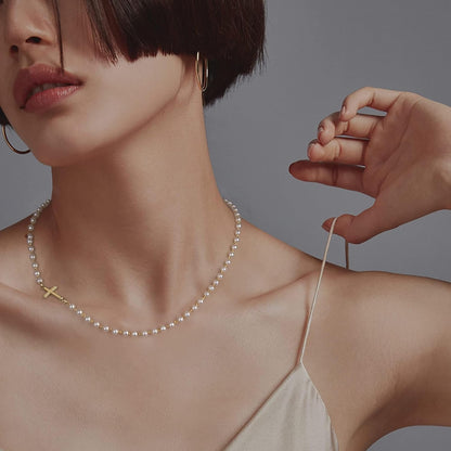 14K Gold Plated Cross Necklace for Women, Gold Pearl Necklace with Cross Pendant Dainty Cross Choker Necklace Trendy Faith Jewelry Religious Gifts - WORLD TIME VISITS