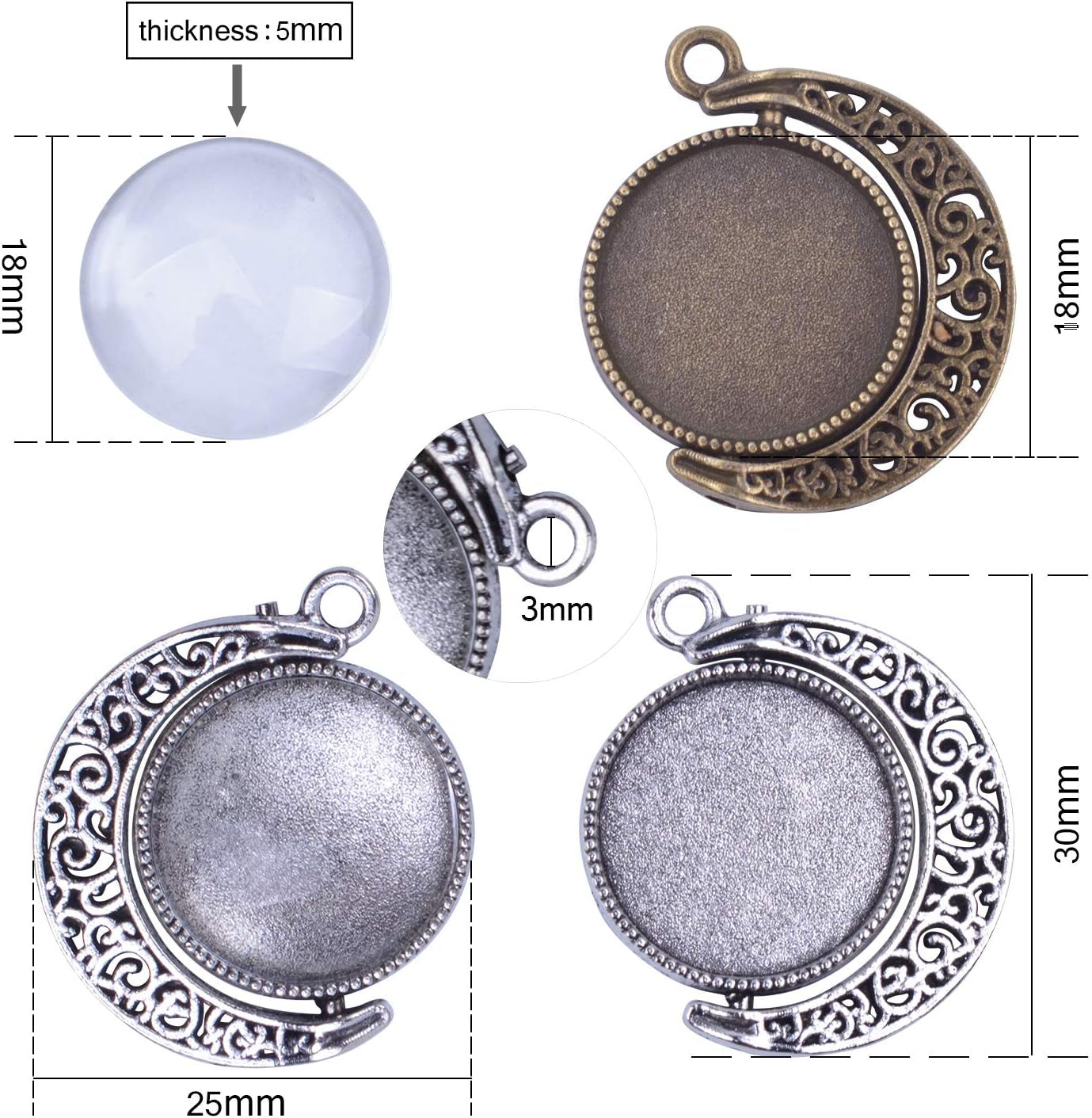 Moon Rotation Double Side Pendant Trays Kits in Box, 12 Pieces Pendant Tray with 24 Pieces Glass Cabochons Clear Dome 18Mm Blank, 2 Colors Bezels
