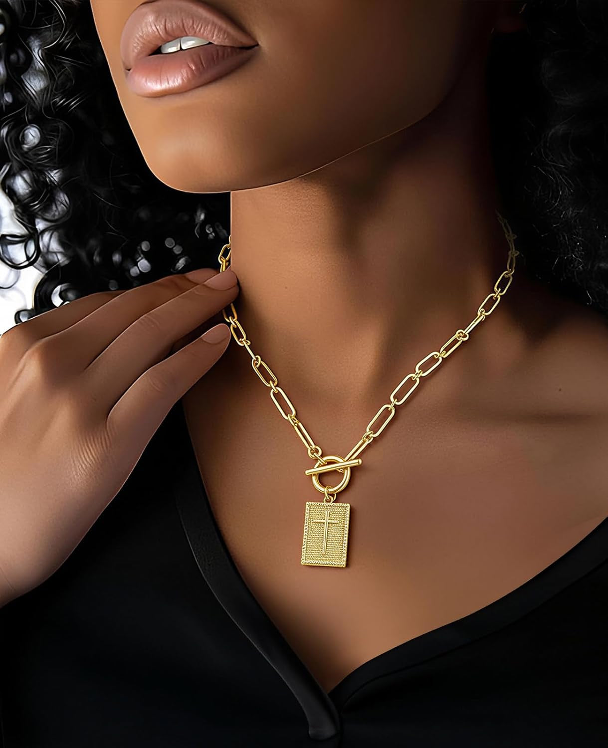 Cross Necklace for Women, No Tarnish 14K Gold Plated Necklace with Cross Pendant Paperclip Chain Toggle Clasp, Religious Christian Faith Jewelry, Necklace Gifts for Women Birthday, Christmas