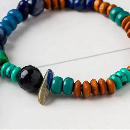 Ethnic Bohemian Tassel Handmade Beaded Bracelet Vintage Natural Gemstone Lapis & Turquoise & Obsidian & Wooden Bead Bangle Bracelets for Women and Men Couple Exquisite Wedding Engagement Christmas Jewelry Gift