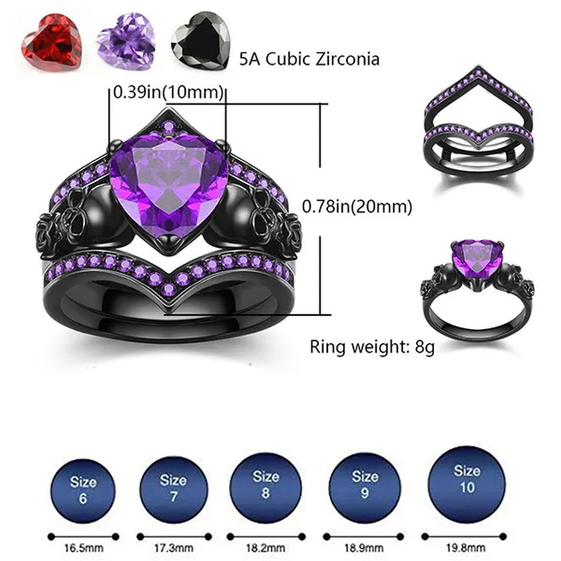 Gothic Black Rose Flower Skull Engagement Rings Set Red Purple Heart-Shaped Zircon Crystal Wedding Anniversary Holiday Gift Jewelry - WORLD TIME VISITS