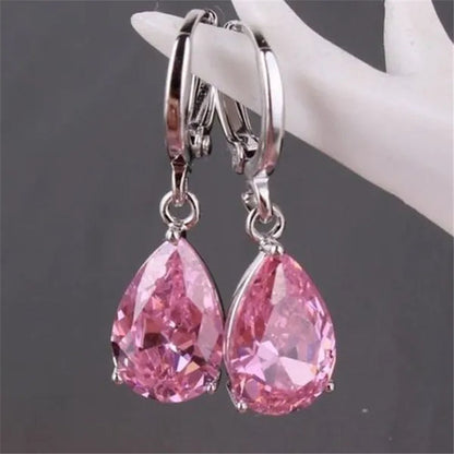 Women Silver Plated Pink Blue Cubic Zirconia Earrings Water Drop Pendant Earrings Bride Wedding Engagement Anniversary Gift Jewelry - WORLD TIME VISITS