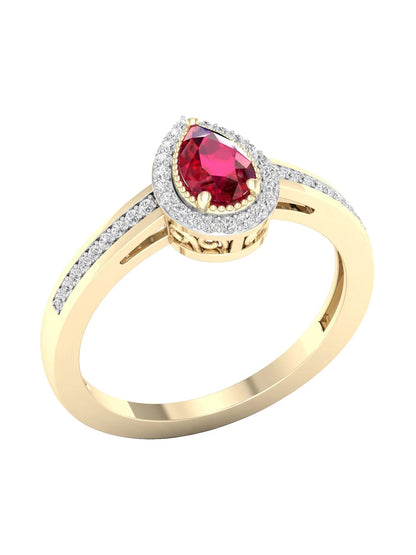 Gemstone 10K Yellow Gold Pear Ruby 1/8 CT TW Diamond Halo Women'S Ring