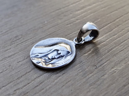 Small Mother of God Pendant Sterling Silver 925 Saint Mary Religious Necklace round Charm Jewelry