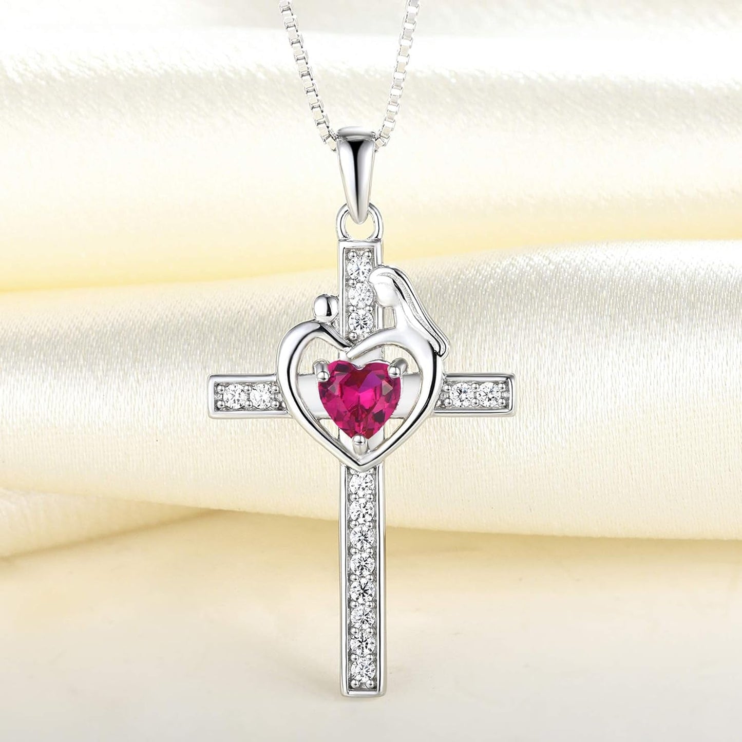 Mom Cross Necklace Sterling Silver Mother and Children Pendant Gemstones Crucifix Jewelry for Women