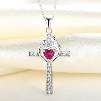 Mom Cross Necklace Sterling Silver Mother and Children Pendant Gemstones Crucifix Jewelry for Women