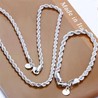 Fashion and Exquisite Men and Women 925 Silver Solid Silver 4Mm Rope Chain Necklace Bracelet (Necklace + Bracelet)